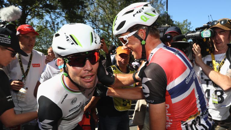 Mark Cavendish (left) celebrates with team-mate Edvald Boasson Hagen after winning stage 14 of the Tour de France