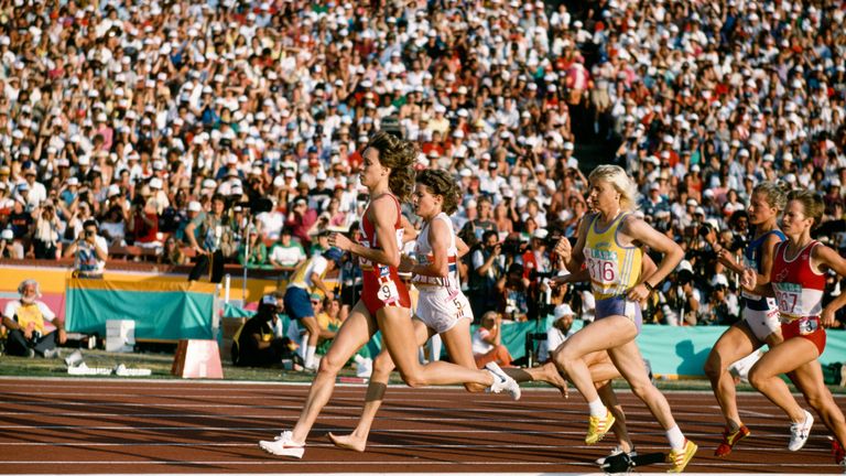 Decker, Budd and Maricica Puica (L-R) during the women's 3000m final at the 1984 Olympics