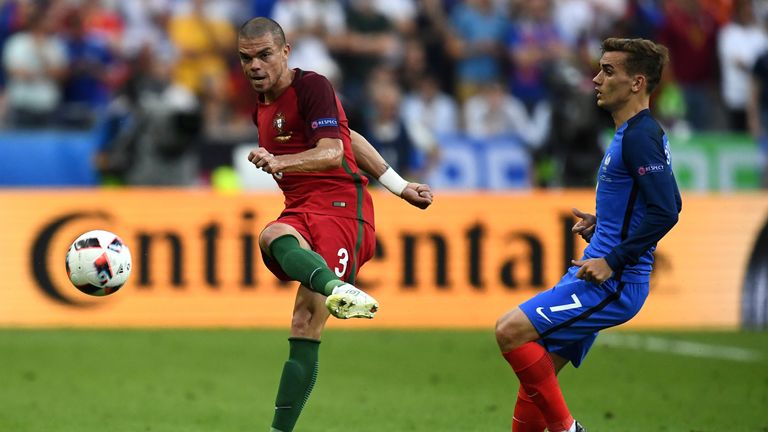 Pepe clears the ball from France forward Antoine Griezmann and was a prominent feature of the Euro 2016 final