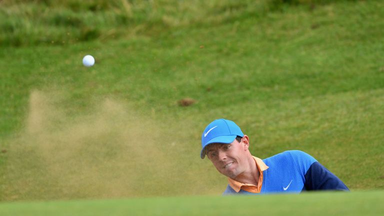 Rory McIlroy needed six attempts to extract his ball from a bunker on Tuesday