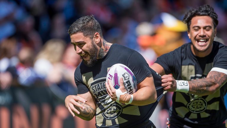 Rangi Chase warmed up with the Tigers players ahead of the game but wasn't named in Daryl Powell's squad