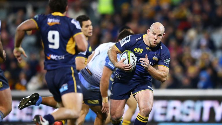 The Brumbies' Stephen Moore runs with the ball
