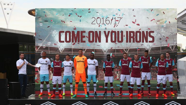 West Ham players model the new home and away kits for the 2016/17 season at their official kit launch