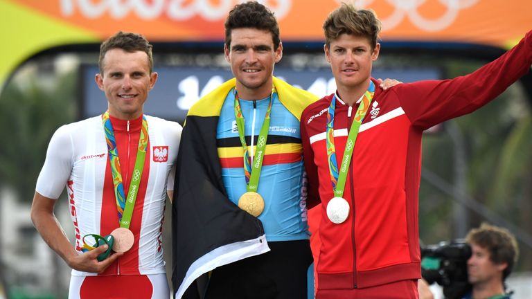From left, Rafal Majka, Van Avermaet and Jakob Fuglsang with their medals on the podium