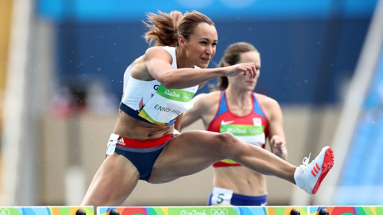 Jessica Ennis-Hill competes in the women's heptathlon 100m hurdles