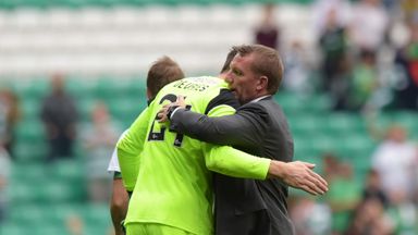 Image of Celtic goalkeeper Dorus de Vries (left) is embraced by manager Brendan Rodgers after the 4-1 win over Aberdeen