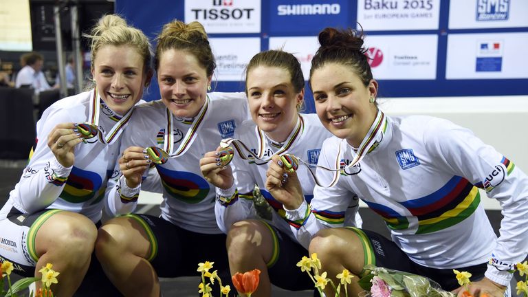 Annette Edmondson, Ashlee Ankudinoff, Amy Cure and Melissa Hoskins (left to right) won the world team pursuit title last year