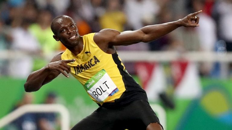 Bolt demonstrates his trademark 'lightning bolt' celebration