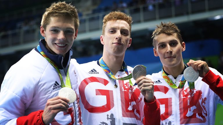 Duncan Scott , Dan Wallace and Stephen Milne of Great Britain pose with thier silver medals