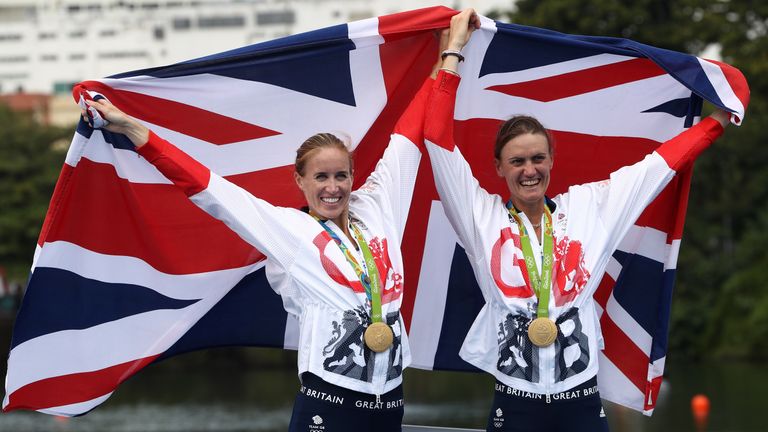 Great Britain's Helen Glover (left) and Heather Stanning (right) celebrate winning gold in the Women's Pair Final