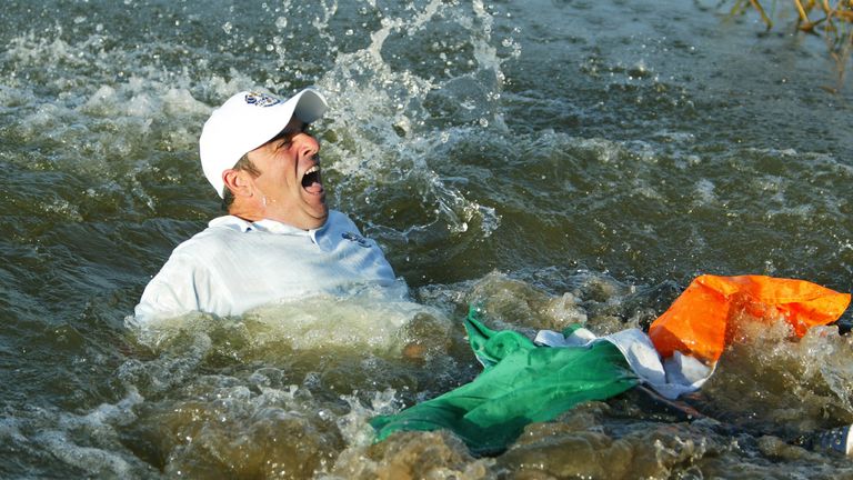 McGinley celebrating victory at the Belfry in 2002