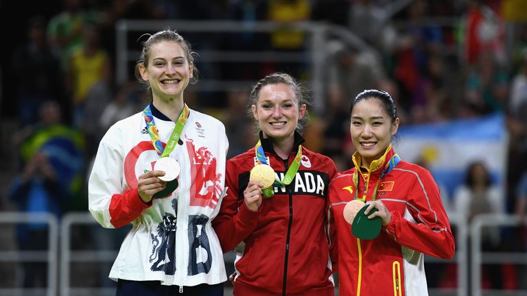 Bryony Page (L) claimed a brilliant silver on Friday at Rio 2016 in the women's trampoline event