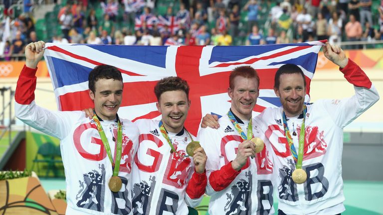 From left, Steven Burke, Owain Doull, Ed Clancy and Wiggins after winning gold in Rio