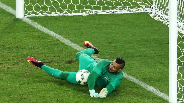 Brazil goalkeeper Weverton saved Grista Proemel's fifth penalty for Germany