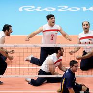 The team of Iran celebrates during the Sitting Volleyball Final mach against Bosnia and Herzegovina 