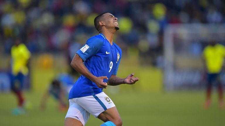 Brazil's Gabriel Jesus celebrates the team's third goal against Ecuador