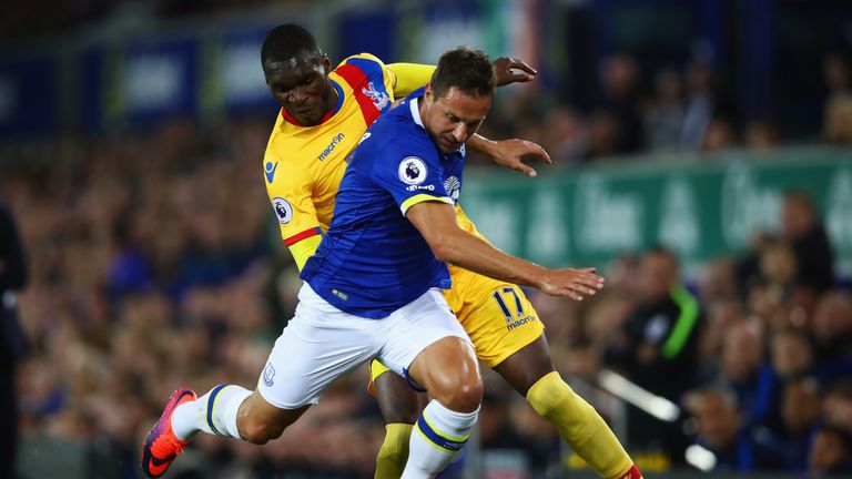Phil Jagielka and Christian Benteke battle for the ball