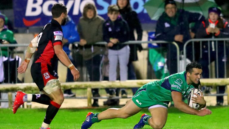 Cian Kelleher crosses over for Connacht's third try on the night