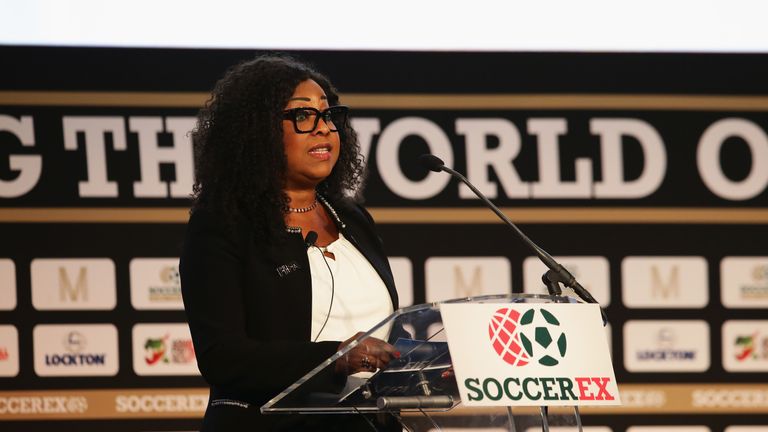 Samoura gives a speech at the Soccerex convention in Manchester
