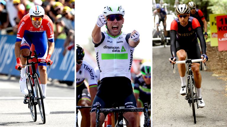 From left, Tom Dumoulin, Sir Bradley Wiggins and Mark Cavendish will race the Tour of Britain