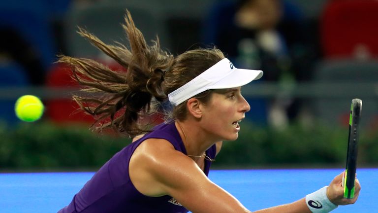 Johanna Konta in action against Petra Kvitova in the Wuhan Open