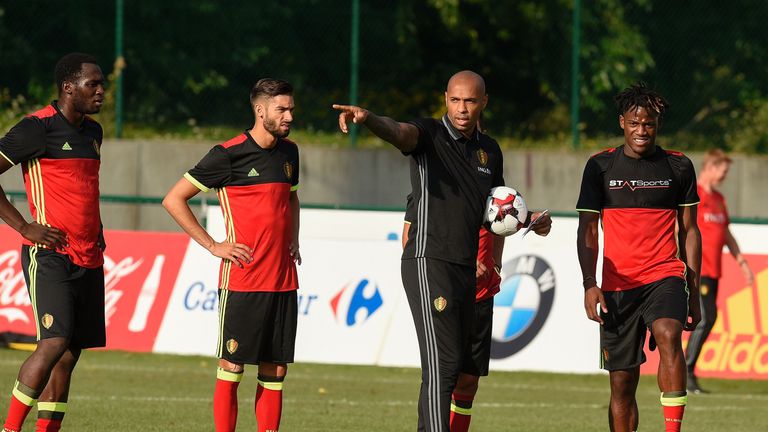 Belgium's national team assistant coach Henry gets a closer look at Lukaku and team-mates in training