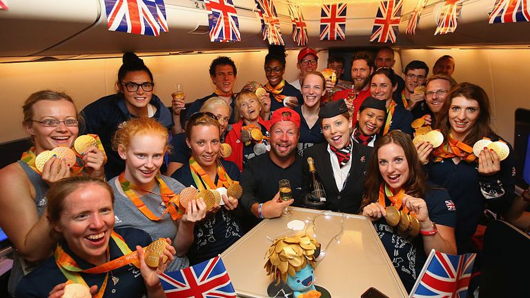  Members of the Paralympics GB Team show their medals on flight back home 