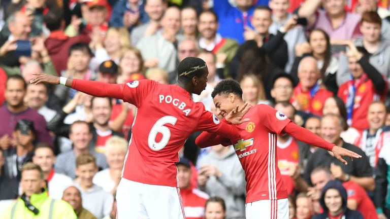 Manchester United midfielder Pogba and Jesse Lingard celebrate