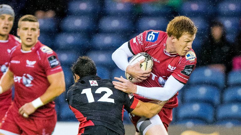Rhys Patchell, pictured being tackled by Phil Burleigh, kicked all of the Scarlets' points