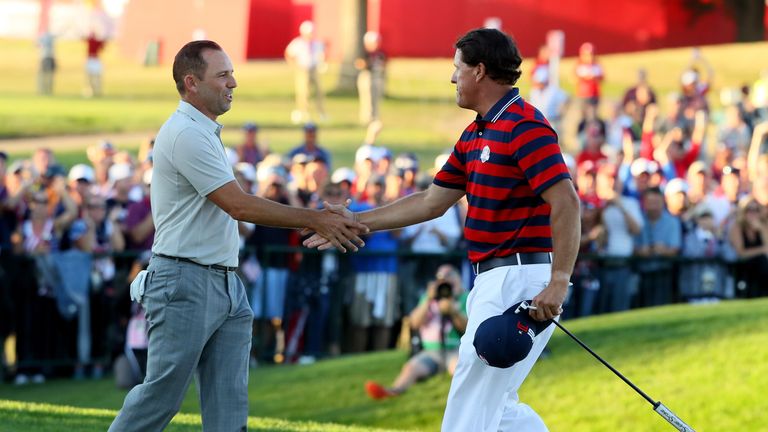 Garcia and Phil Mickelson shake hands after their epic singles match