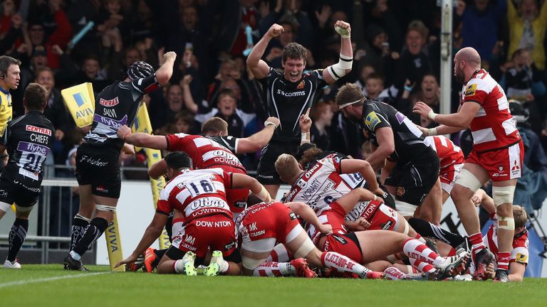 Exeter celebrate as Damian Welch scores the Chiefs' last-minute, equalising try against Gloucester