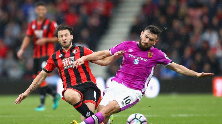 Harry Arter (L) tangles with Robert Snodgrass during Bournemouth's win over Hull City