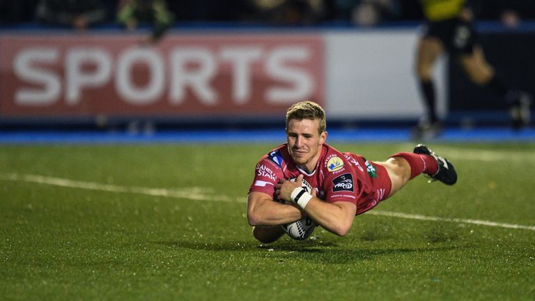 Scarlets' Jonathan Evans scoring his side's second try of the evening