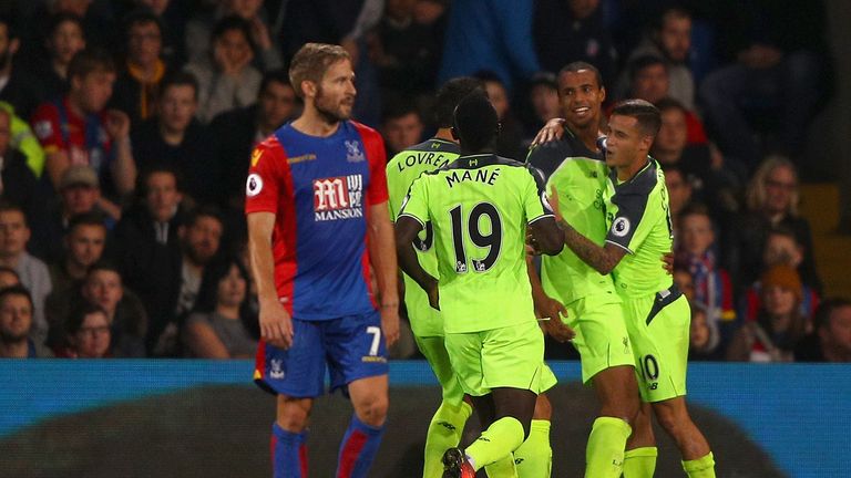 Joel Matip celebrates his first Liverpool goal with his team-mates