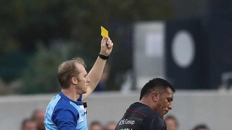 Mako Vunipola is shown a yellow card by referee Wayne Barnes