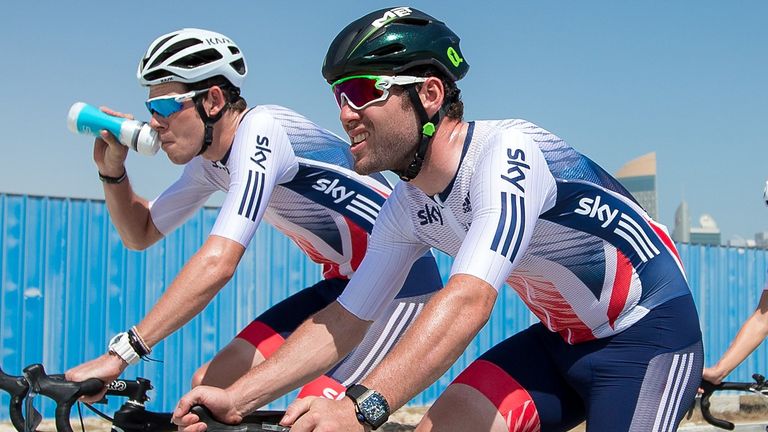 Mark Cavendish (right) and Luke Rowe (left) train in Qatar ahead of the world road race (Picture: SWpix.com) 