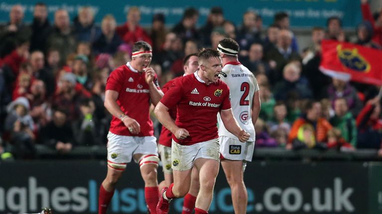 Munster's Rory Scannell celebrates scoring the match winning drop goal