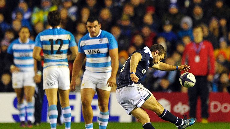 Scotland's captain and scrum half Greig Laidlaw scores a penalty 