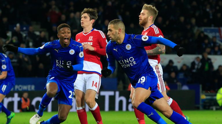 Leicester City's Islam Slimani (2nd R) celebrates after scoring a late penalty