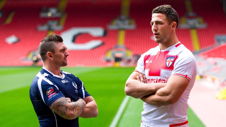 Danny Brough speaks to England skipper Sam Burgess at the Four Nations launch