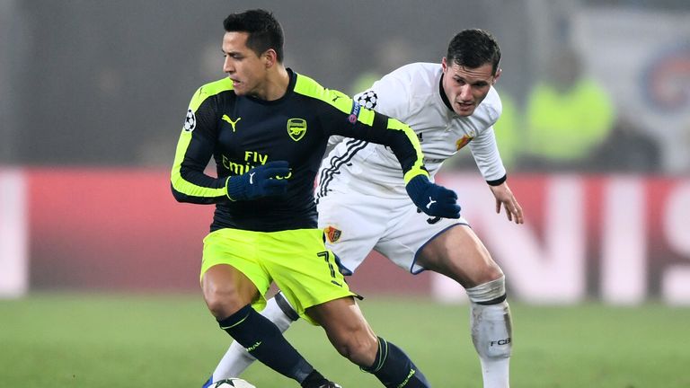 Alexis Sanchez (L) vies with Basel midfielder Taulant Xhaka