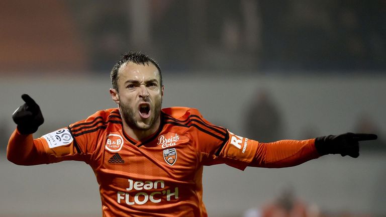 Lorient's French midfielder Romain Philippoteaux celebrates after scoring against Saint-Etienne