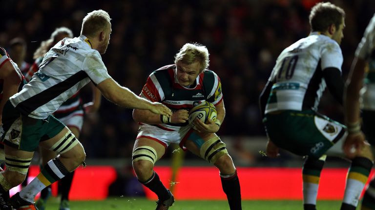 Mike Fitzgerald on the charge for Leicester