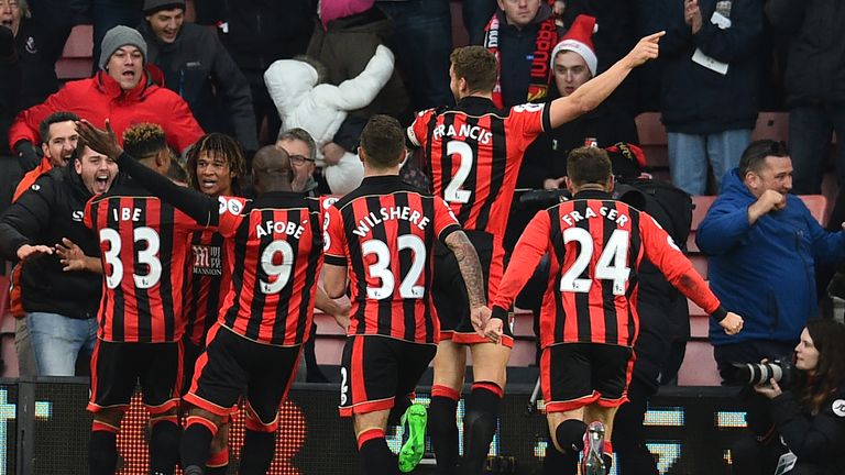 Ake celebrates his winning goal against Liverpool