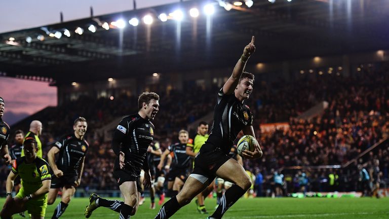 Ollie Devoto celebrates scoring Exeter's fourth try against Leicester