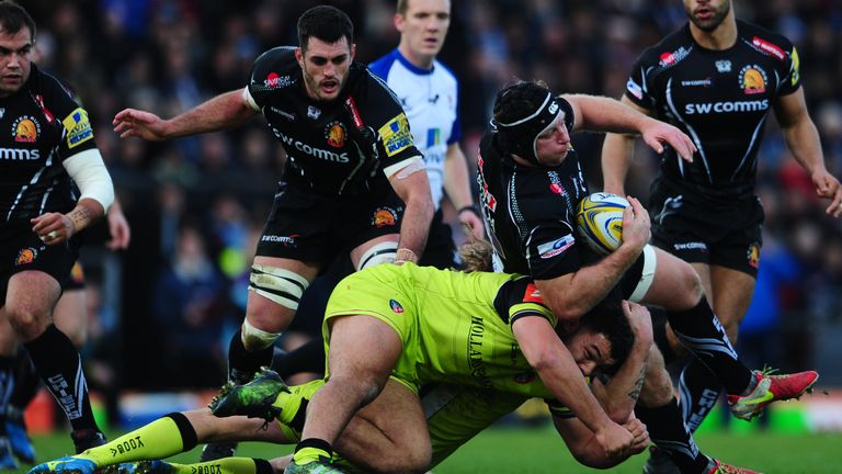 Thomas Waldrom, pictured being tackled by Ellis Genge, scored two first-half tries against his former club