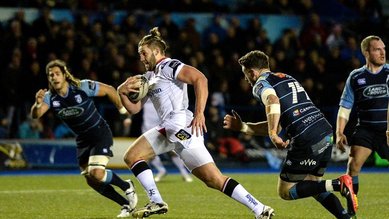 Ulster's Stuart McCloskey breaks through the Cardiff Blues defence.