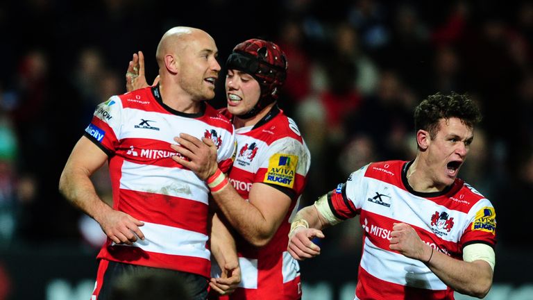 Heinz celebrates his try against Bristol