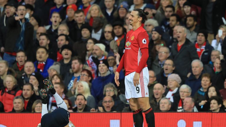 Zlatan Ibrahimovic reacts following a challenge on Kyle Walker