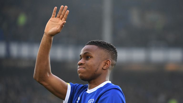 New Everton signing Ademola Lookman applauds supporters before kick-off. He was unavailable to play as he is cup-tied